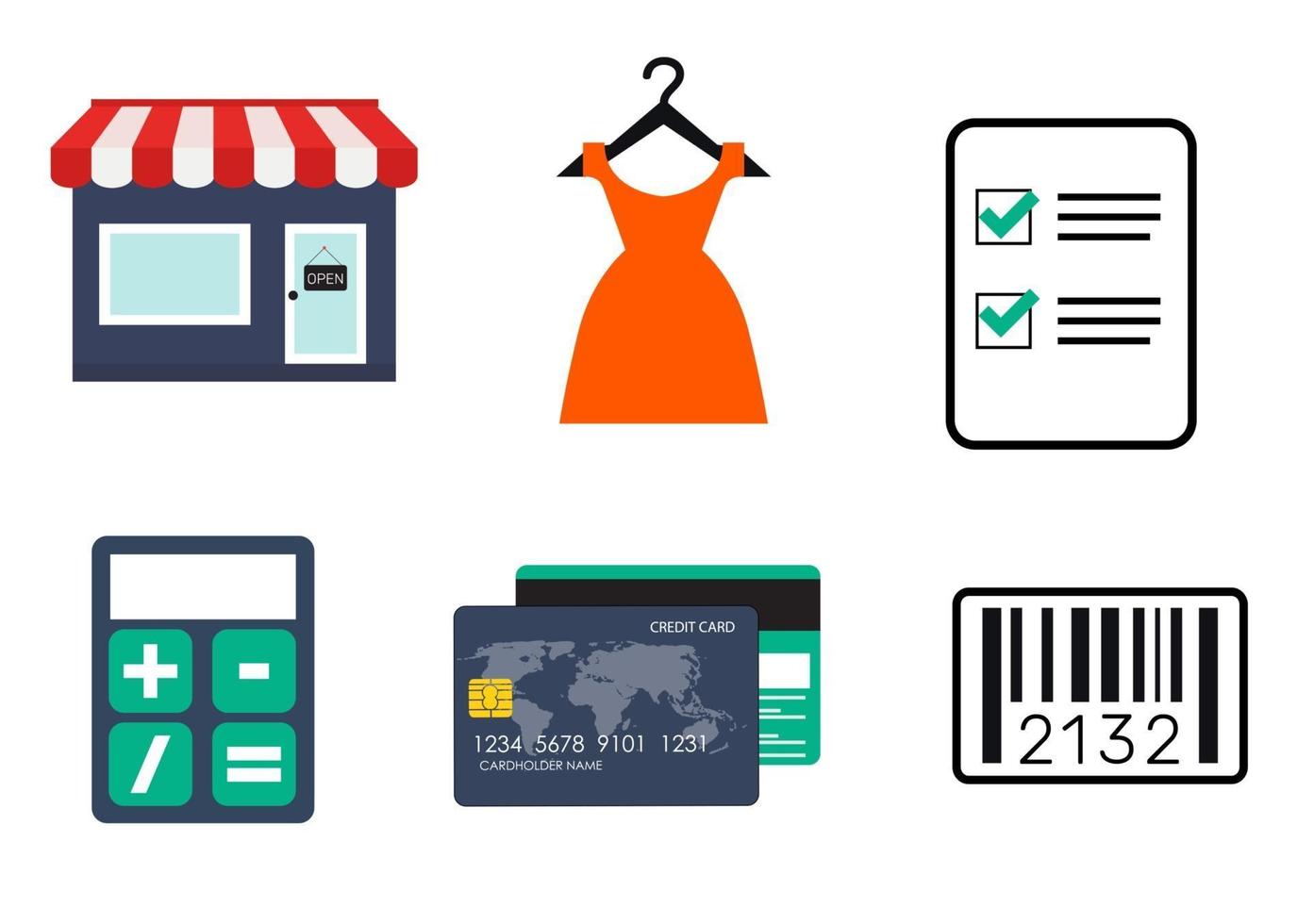 compras colección de iconos planos simples con tienda minorista, vestido, tarjeta de crédito, calculadora, lista de verificación y código de barras. ilustración vectorial vector