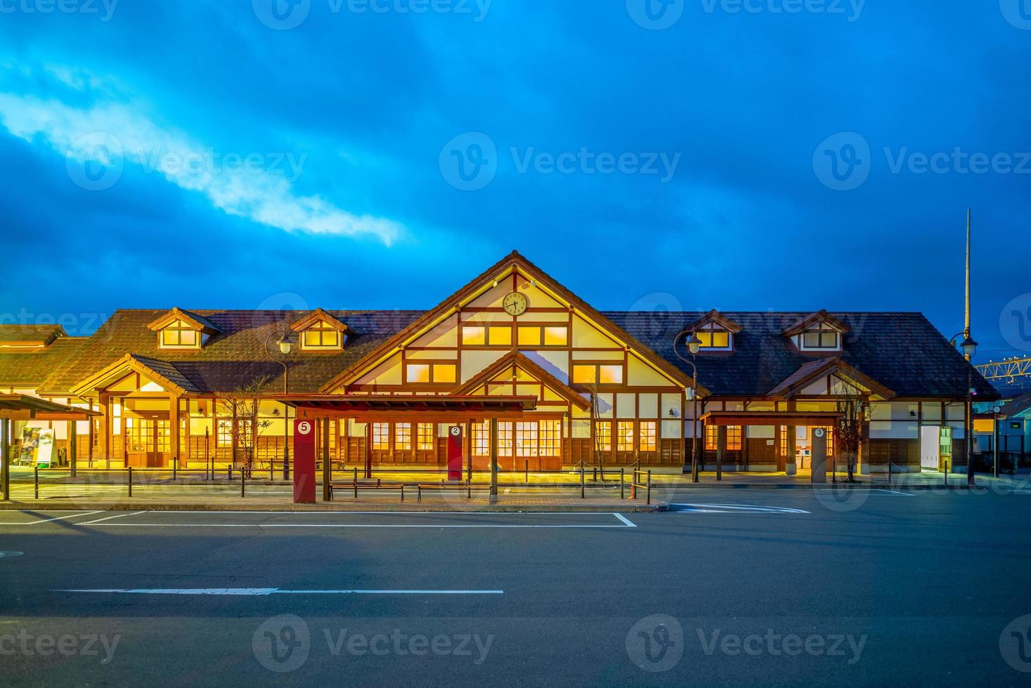 Night view of Kawaguchiko railway station in Japan photo