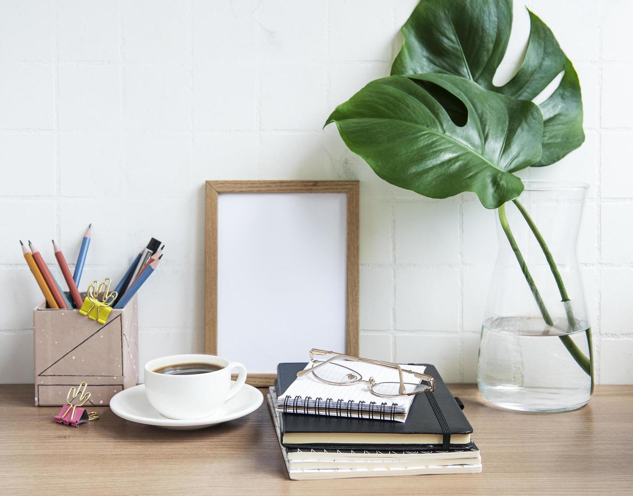 Office desk table with notebooks photo