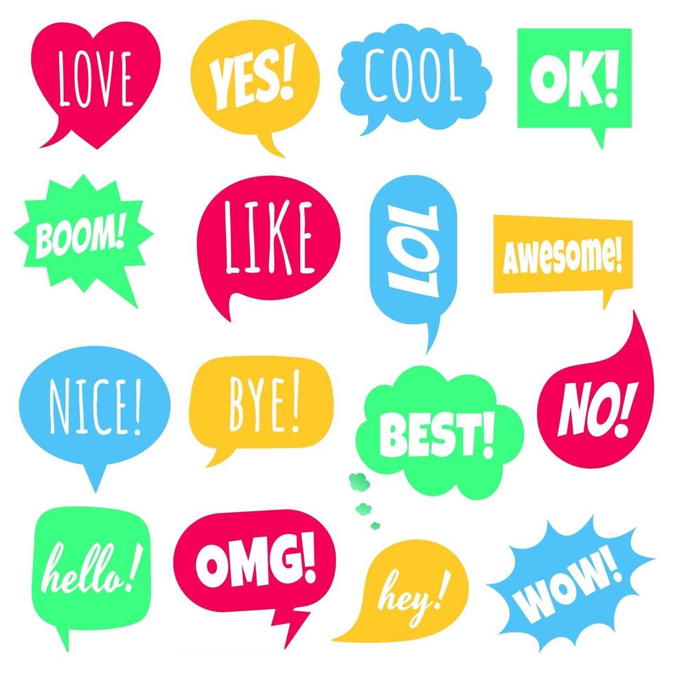 16 Speech bubbles flat style design set another shapes with text love, yes, like, lol, cool, wow, boom, yes, omg... hand drawn comic cartoon style set vector illustration isolated on white background