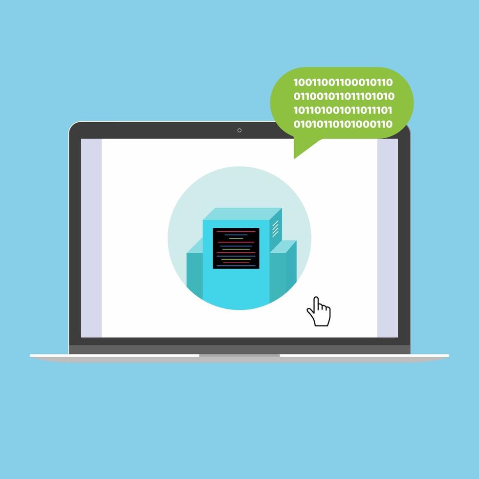Modern device - laptop, notebook, netbook pc flat design with chat bot speak in the bubble popped on screen icon vector illustration. Technology concept of online chatting isolated on blue background