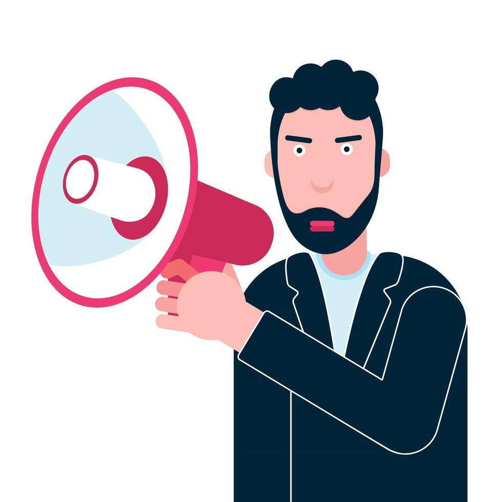 The business man in the suit talking speach in loud megaphone speaker. Couch speach, leadership or street protest concept symbol flat style vector illustration isolated on white background