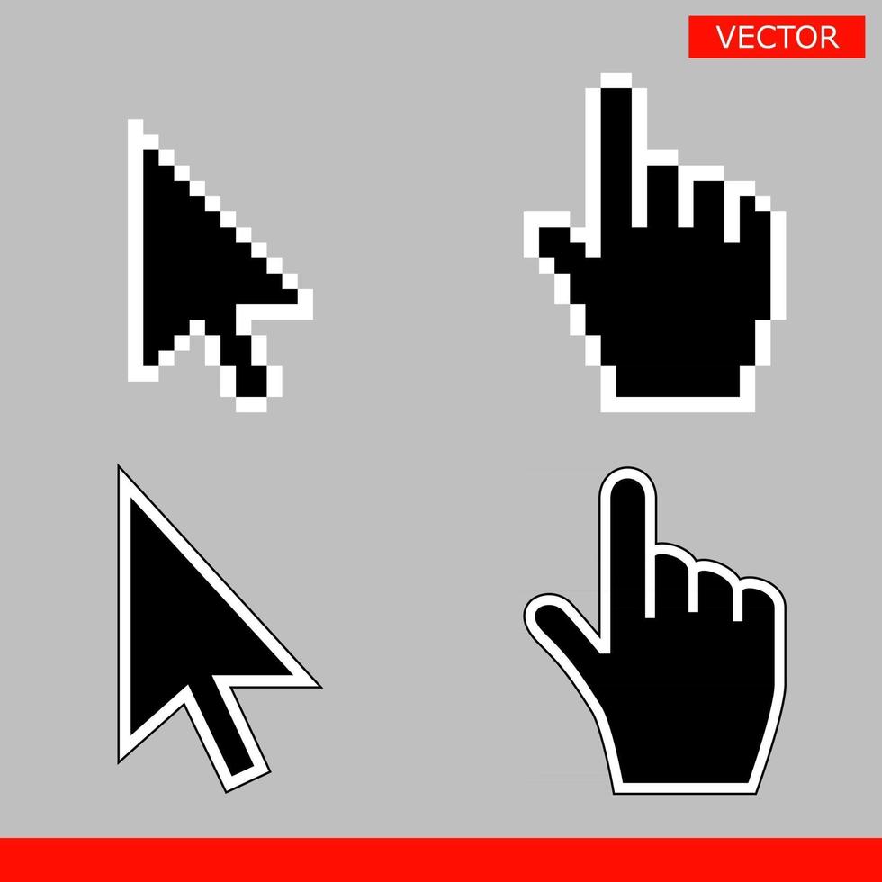 Black arrow and pointer hand cursor icon set. Pixel and modern version of cursors signs. Symbols of direction and touch the links and press the buttons. Isolated on gray background vector illustration