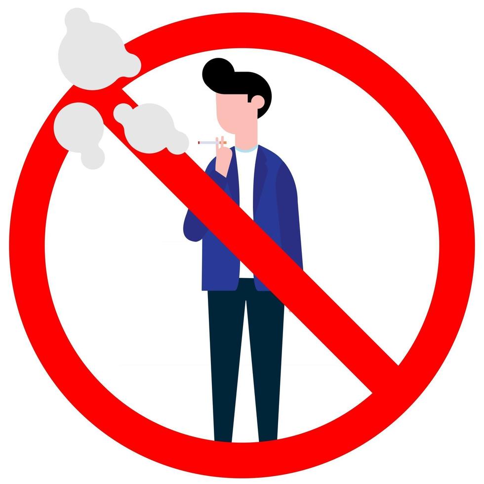 señal de no fumar con niño masculino de pie. icono de signo prohibido aislado en la ilustración de vector de fondo blanco. niño fuma cigarrillo, círculo de prohibición rojo aislado sobre fondo blanco.