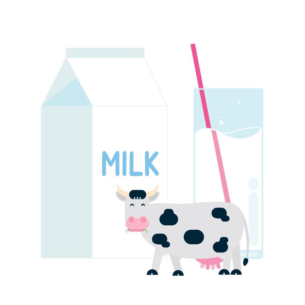 Diary product milk pack with cow in the circle and glass of milk with straw flat style design vector illustration isolated on white background. Minimalistic flat design box package of milk and glass