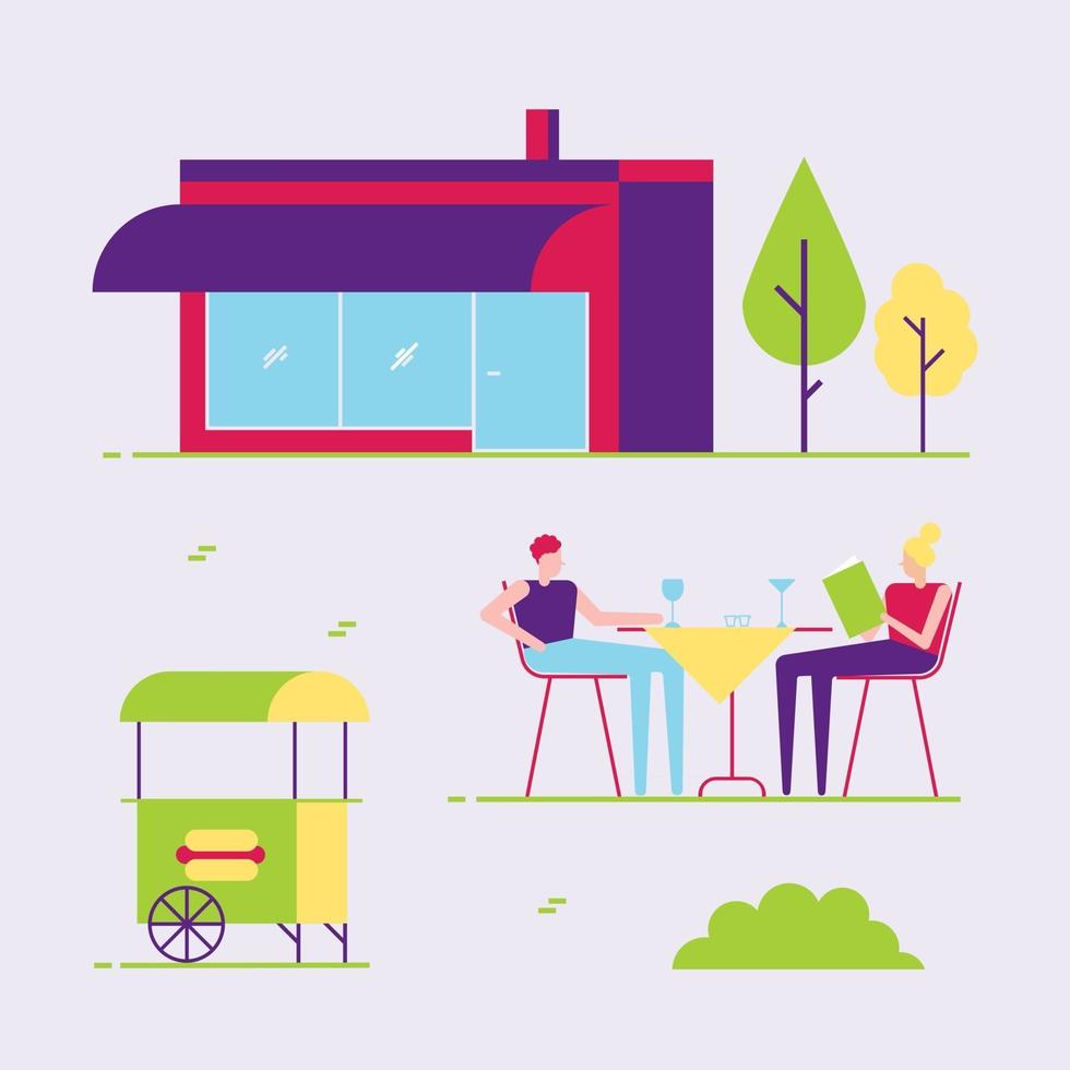 Male and female couple sitting outside  next to cafe or coffee shop building and eating, drinking, reading menu. Abstract minimal flat style design vector illustration, concept of summer leisure