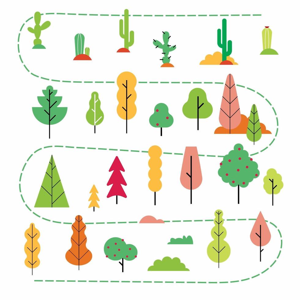 plantas y árboles estilo plano abstracto conjunto mínimo. Versión de diseño simple de plantas en la ilustración de vector de creador de escena de bosque, jardín o desierto isplated sobre fondo blanco