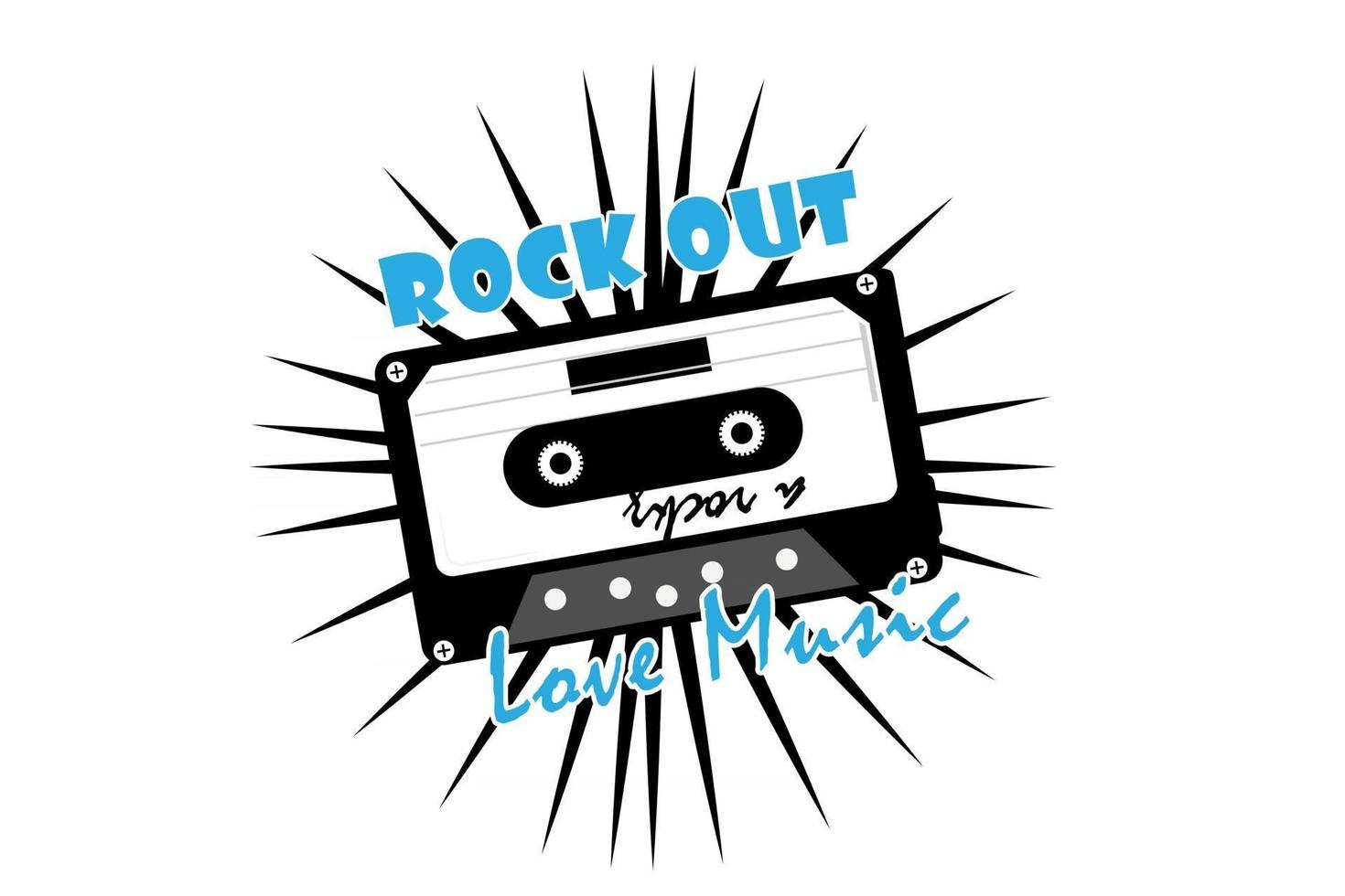 diseño de tipografía rock out love music con casete de radio vector