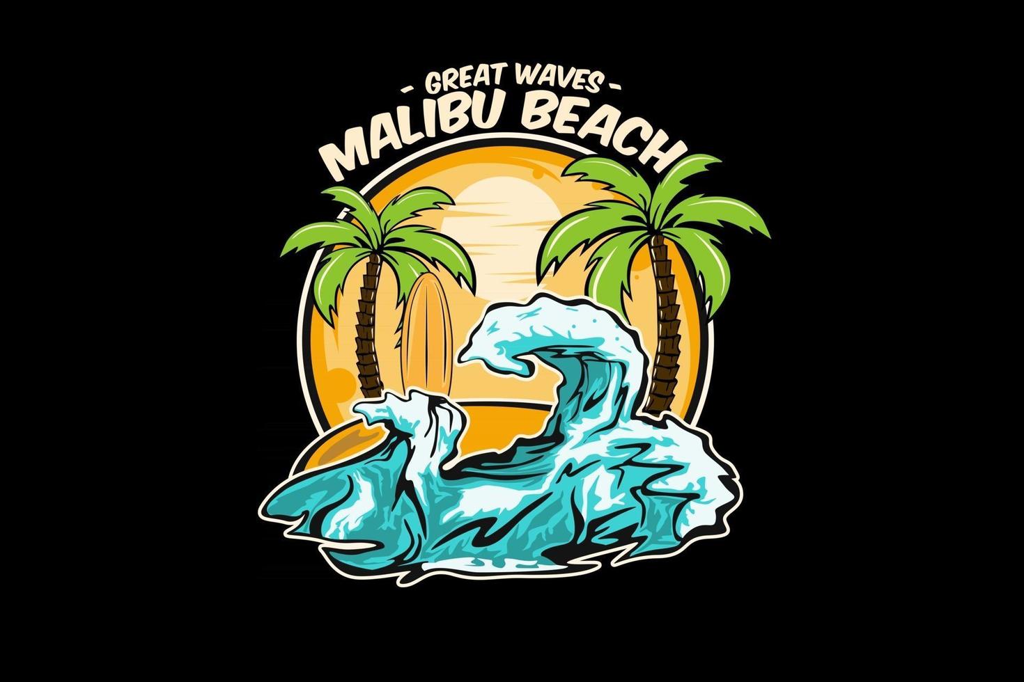 grandes olas, malibu, playa, ilustración, diseño vector