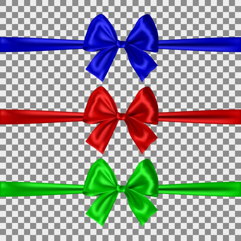 Set of blue, red and green bows isolated on transparent background. Vector illustration