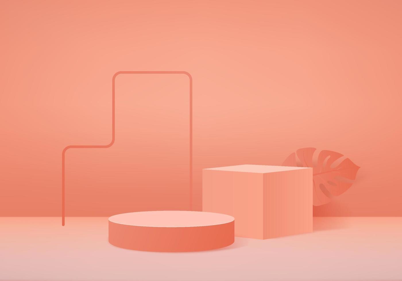 Los productos de fondo 3D muestran una escena de podio con una plataforma geométrica de hojas de palma. render 3d de vector de fondo con podio. stand mostrar producto cosmético. Escaparate de escenario en pantalla de pedestal estudio naranja
