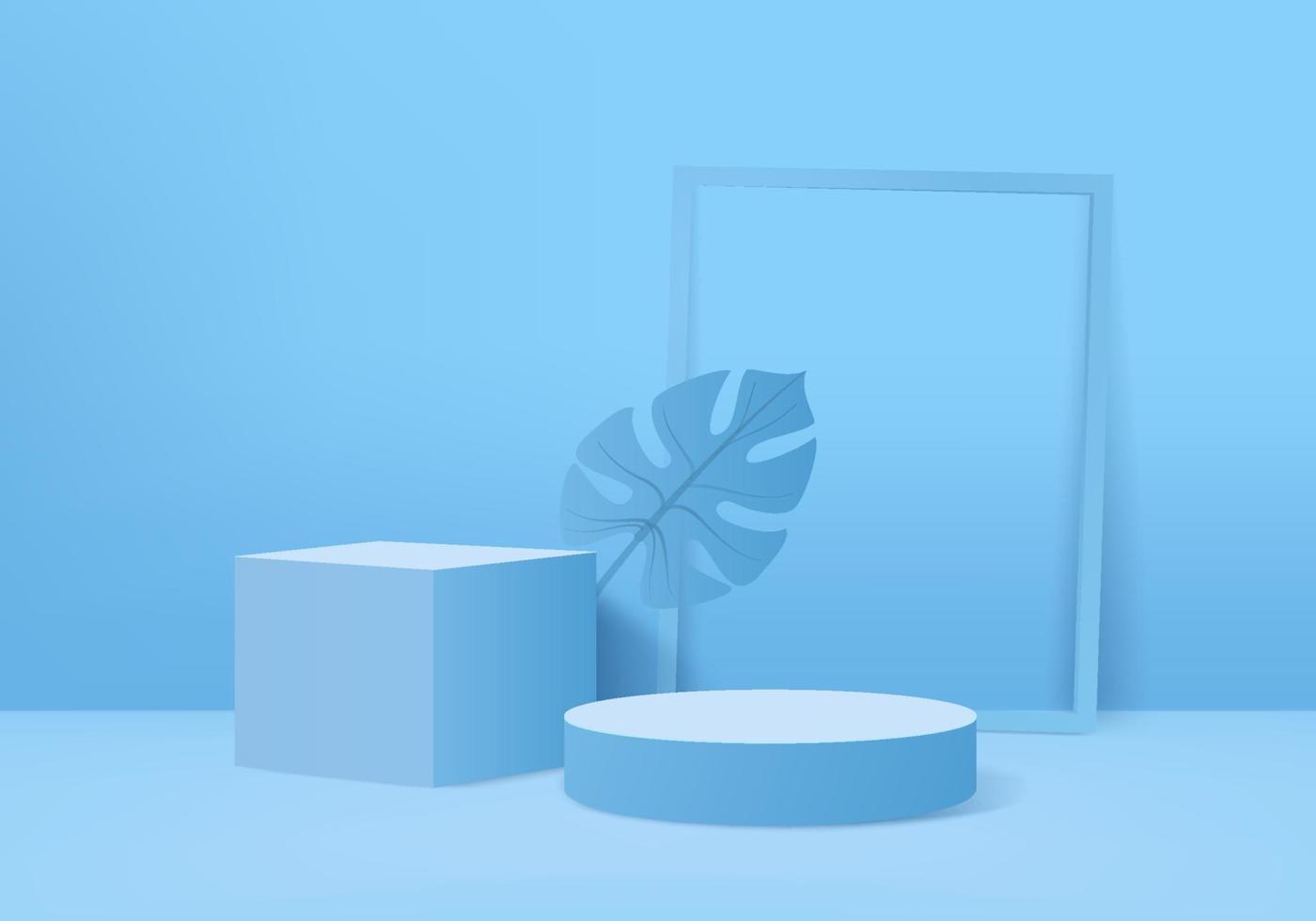 Los productos de fondo 3D muestran una escena de podio con una plataforma geométrica de hoja verde. vector de fondo render 3d con podio. Stand para mostrar productos cosméticos. Escaparate de escenario en pedestal display blue studio