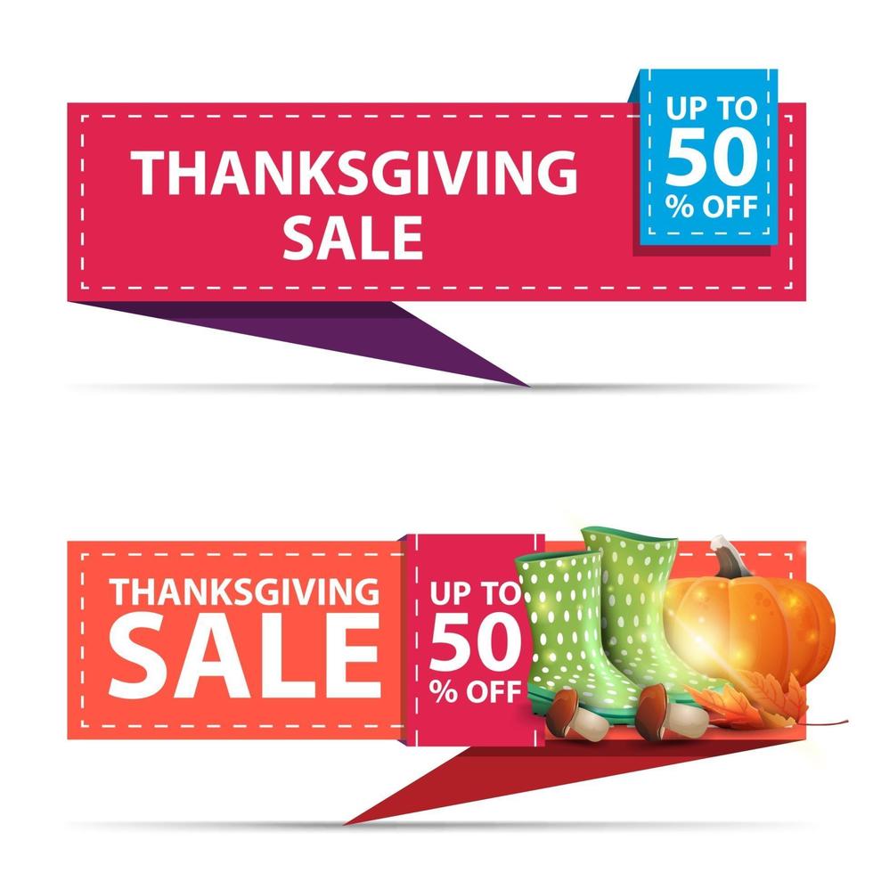 Thanksgiving sale, up to 50 off, two horizontal discount banners in the form of a ribbon with rubber boots, pumpkin, mushrooms and autumn leaf vector