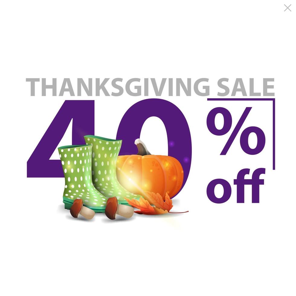 Thanksgiving sale, up to 40 off, white stylish discount banner with large red numbers with rubber boots, pumpkin, mushrooms and autumn leaf vector