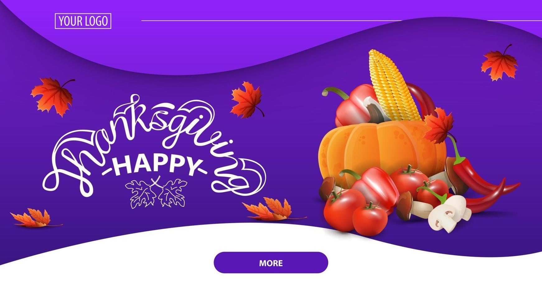 Happy Tthanksgiving, greeting purple postcard for web site with autumn harvest vector