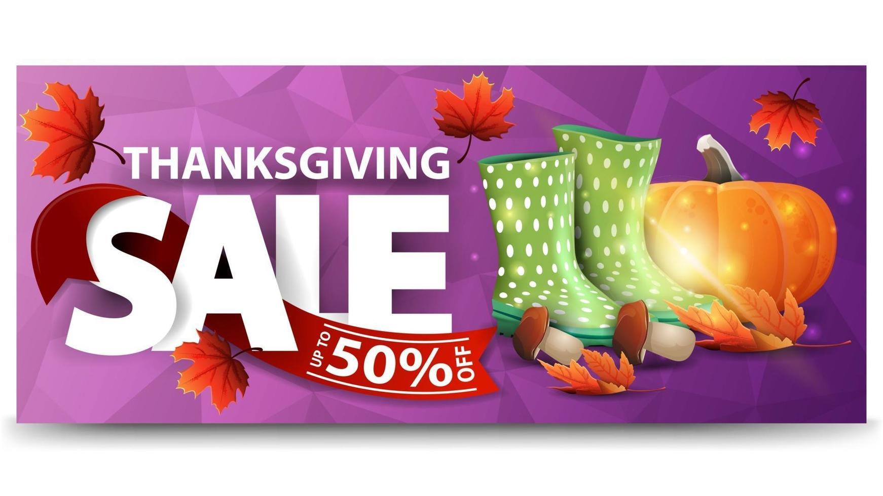 Thanksgiving sale, up to 50 off, horizontal purple web banner with polygonal texture, rubber boots, pumpkin, mushrooms and autumn leaf. vector