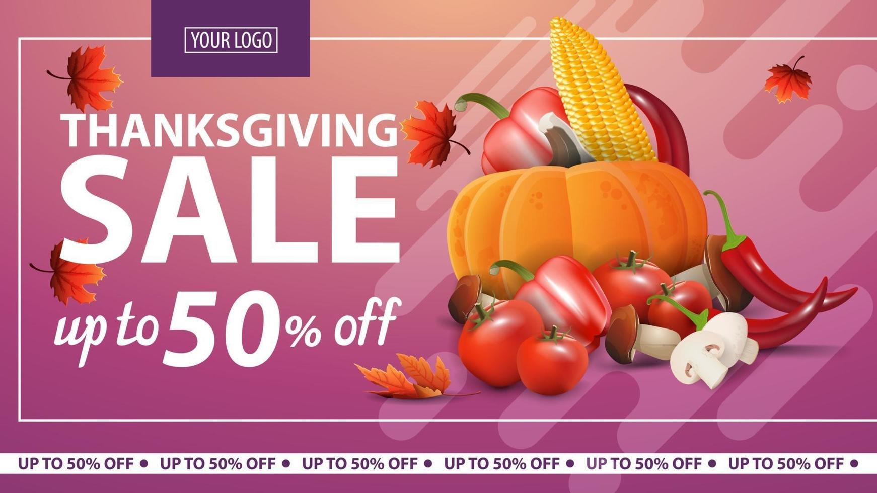 Thanksgiving sale, up to 50 off, horizontal pink web banner with autumn harvest. vector