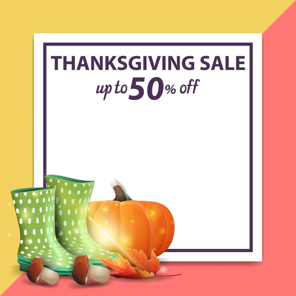 Thanksgiving sale, up to 50 off, square discount web banner with white square paper sheet for your text and autumn harvest vector