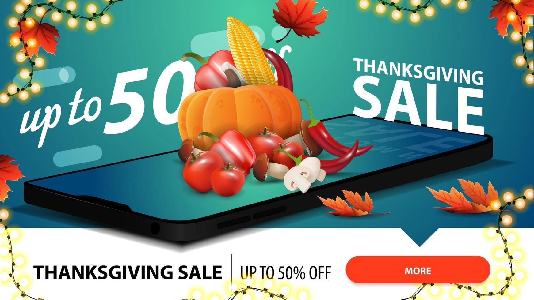 Thanksgiving sale, up to 50 off, blue horizontal discount web banner with smartphone and autumn harvest on the screen vector