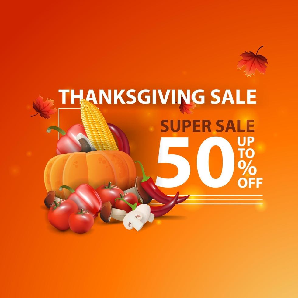 Thanksgiving sale, up to 50 off, modern orange creative 3D web banner with autumn harvest vector
