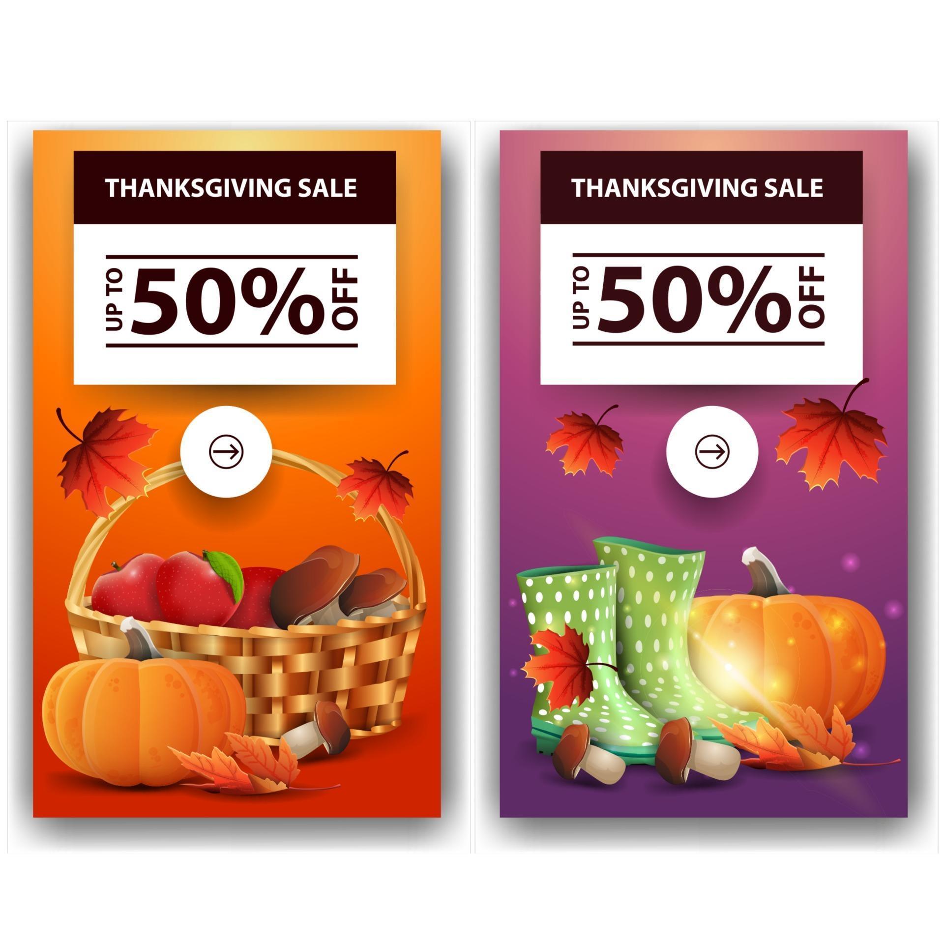 Thanksgiving sale, up to 50 off, two vertical discount banners. Orange