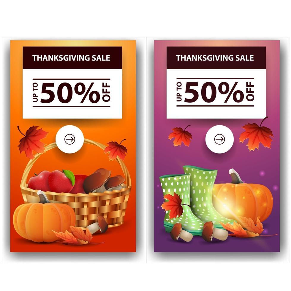 Thanksgiving sale, up to 50 off, two vertical discount banners. Orange and print discount thanksgiving template vector