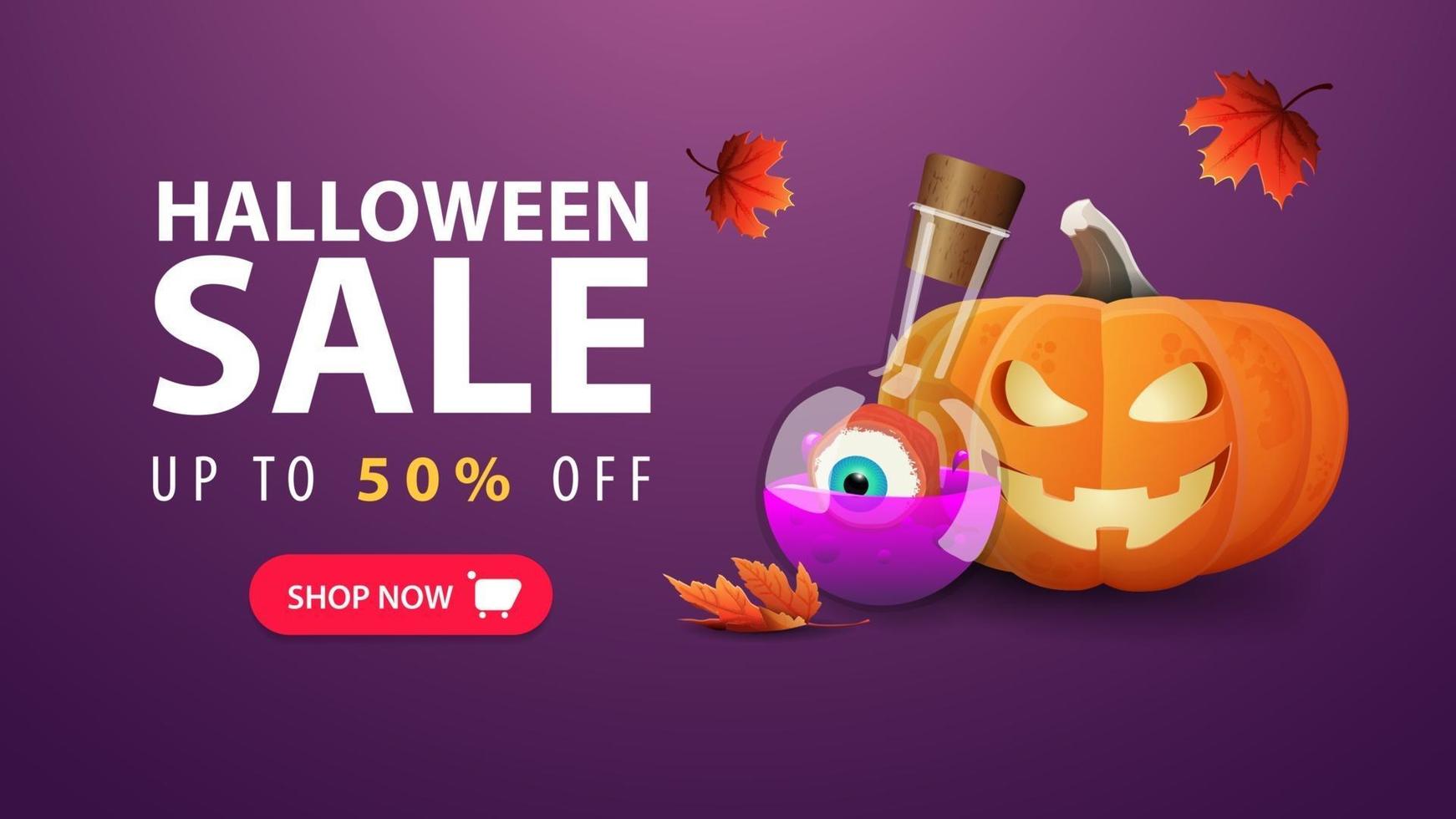 Halloween banner, up to 50 off, purple discount banner with pumpkin Jack and witch's potion. Minimalistic design of discount banner vector