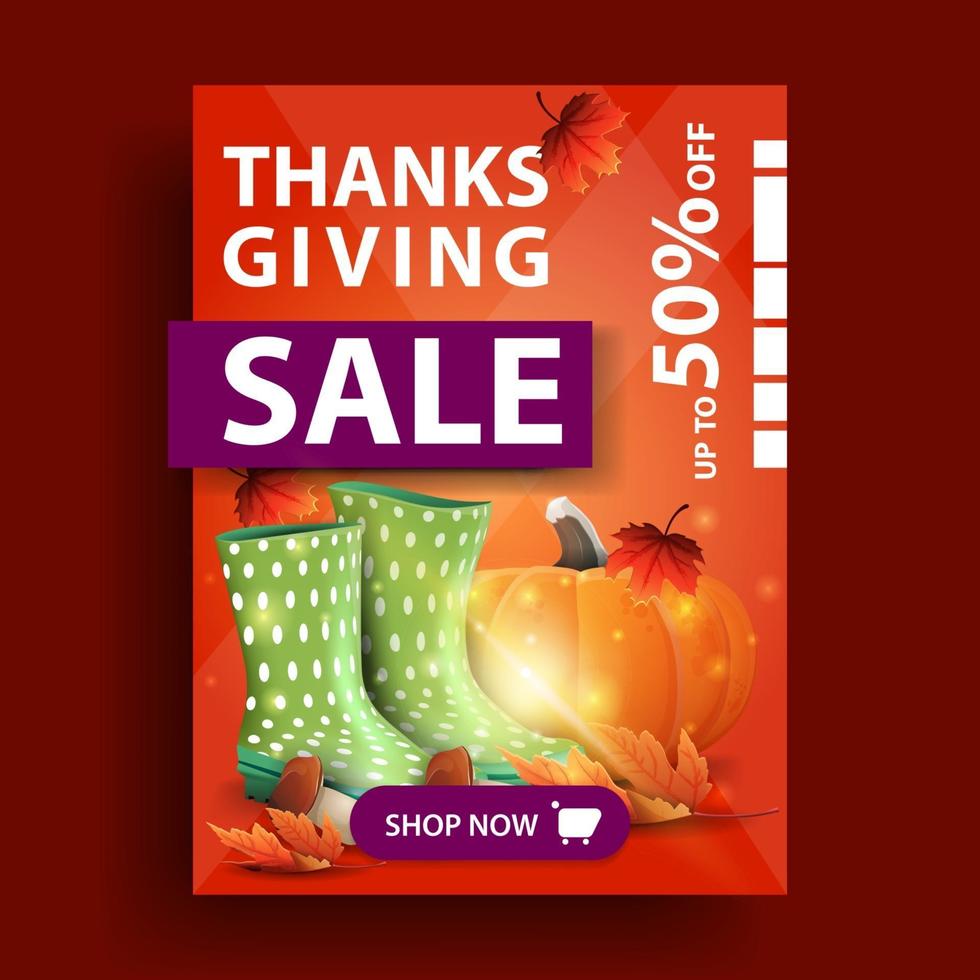 Thanksgiving sale, up to 50 off, creative 3D vertical discount banner with rubber boots, pumpkin, mushrooms and autumn leaf vector