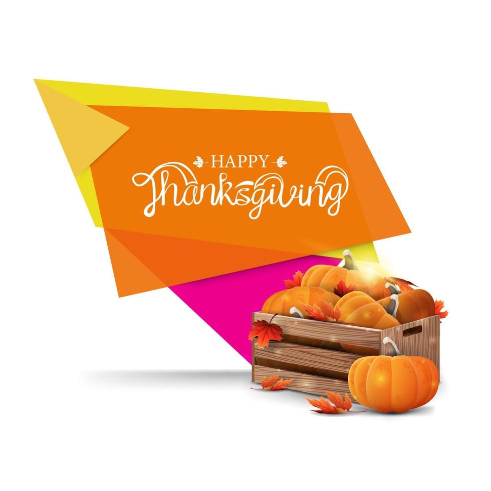 Happy Thanksgiving, greeting banner with geometric design and wooden crates of ripe pumpkins vector