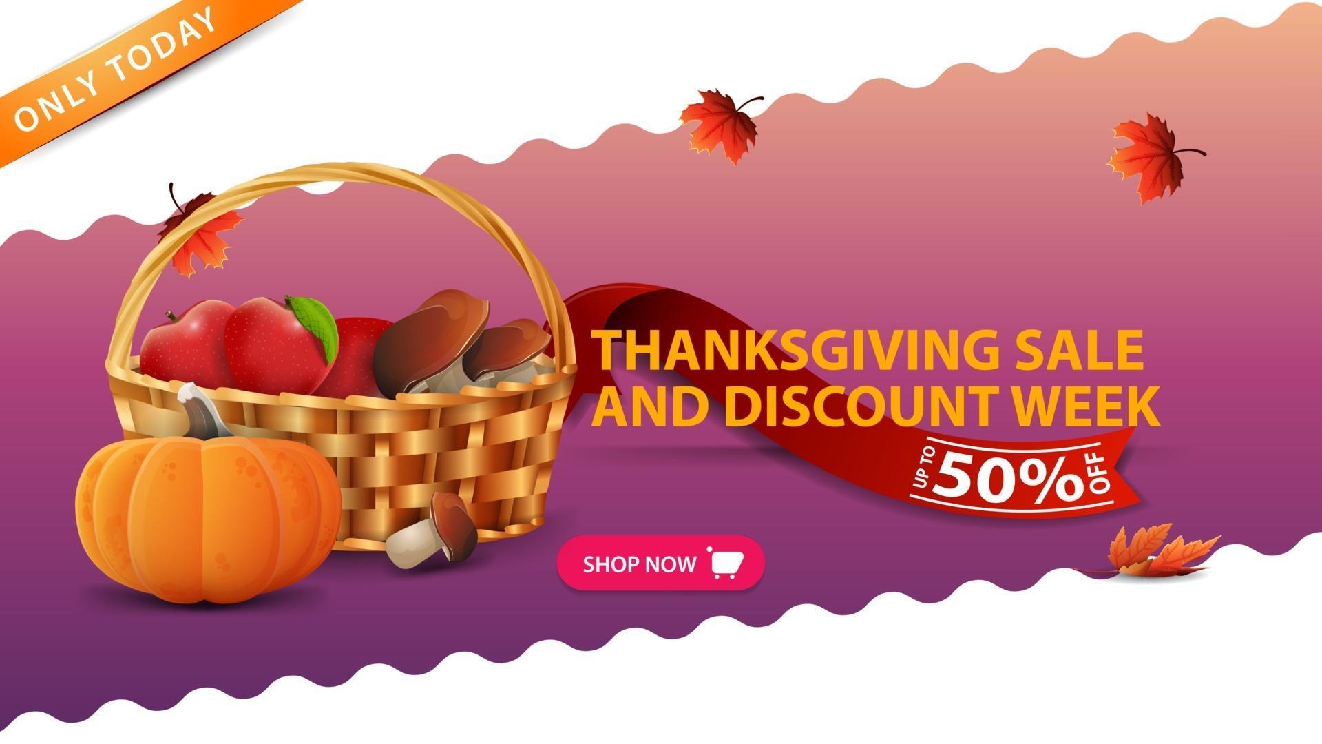Thanksgiving sale and discount week, pink banner with fruit and