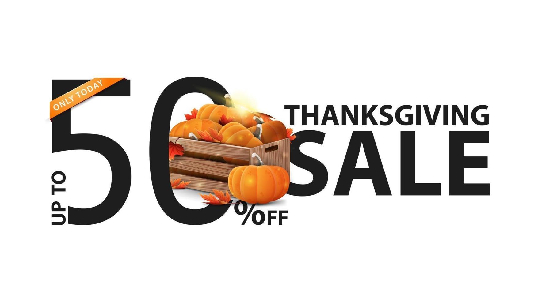 Thanksgiving sale, up to 50 off, creative white banner with wooden crates of ripe pumpkins and autumn eaves vector