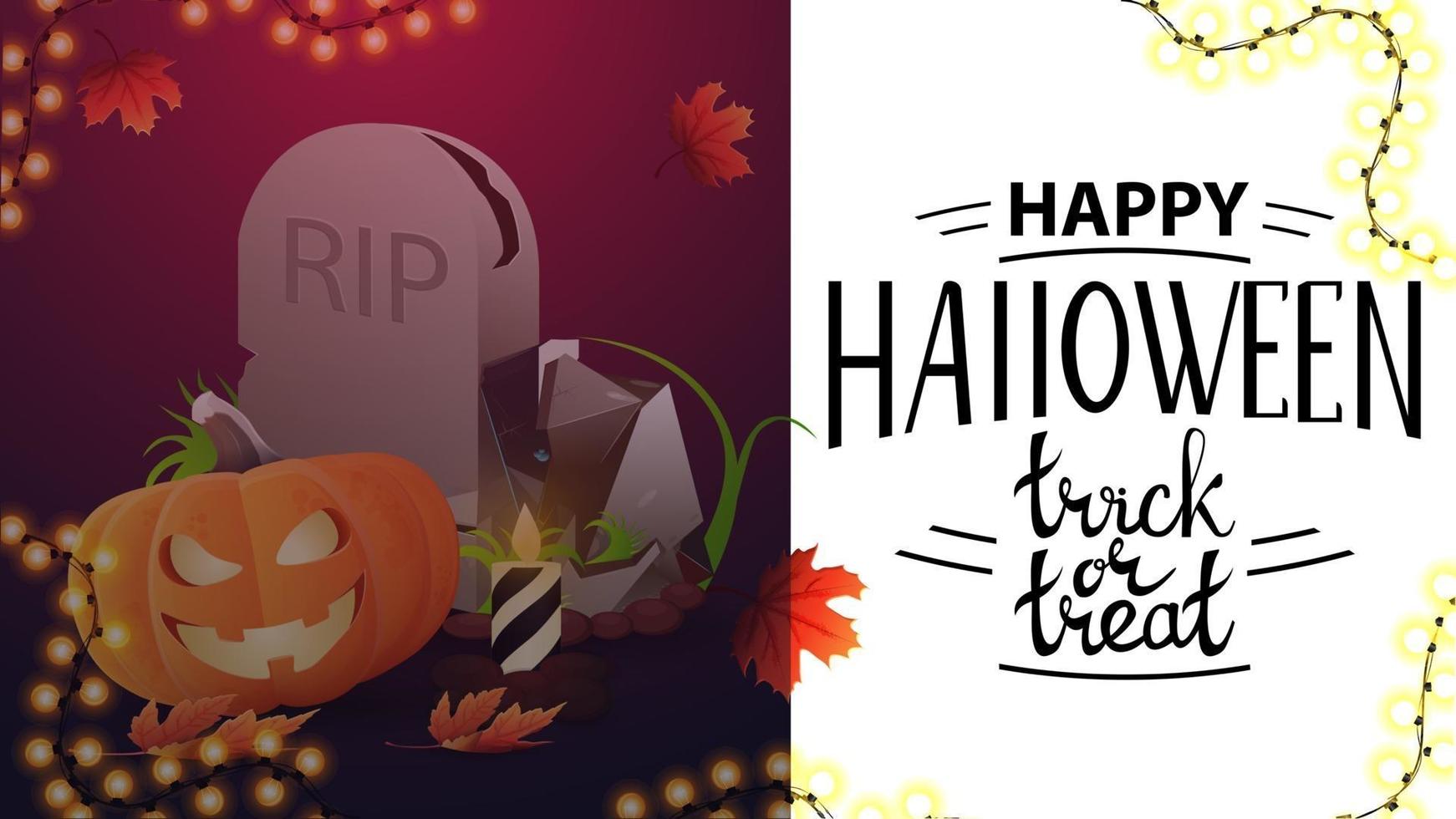 Happy Halloween, trick or treat, beautiful postcard with tombstone and pumpkin Jack. Greeting postcard with lettering vector