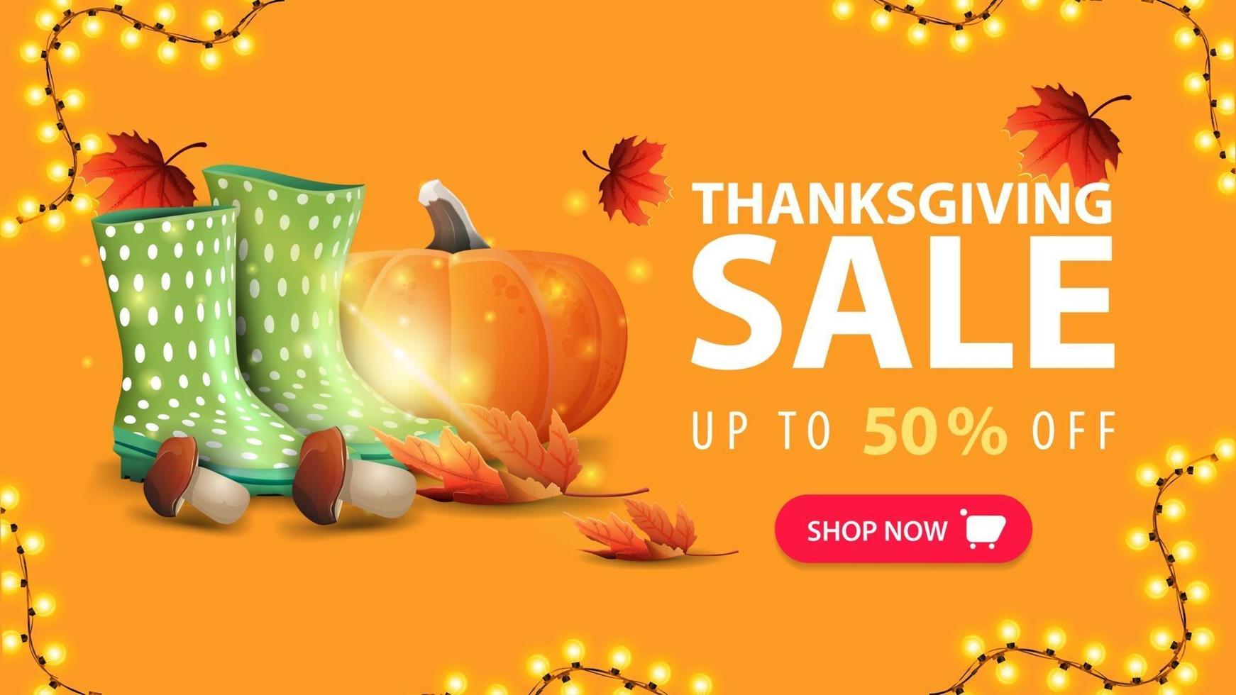 Thanksgiving sale, up to 50 off, orange discount web banner with rubber boots, pumpkin, mushrooms and autumn leaf vector