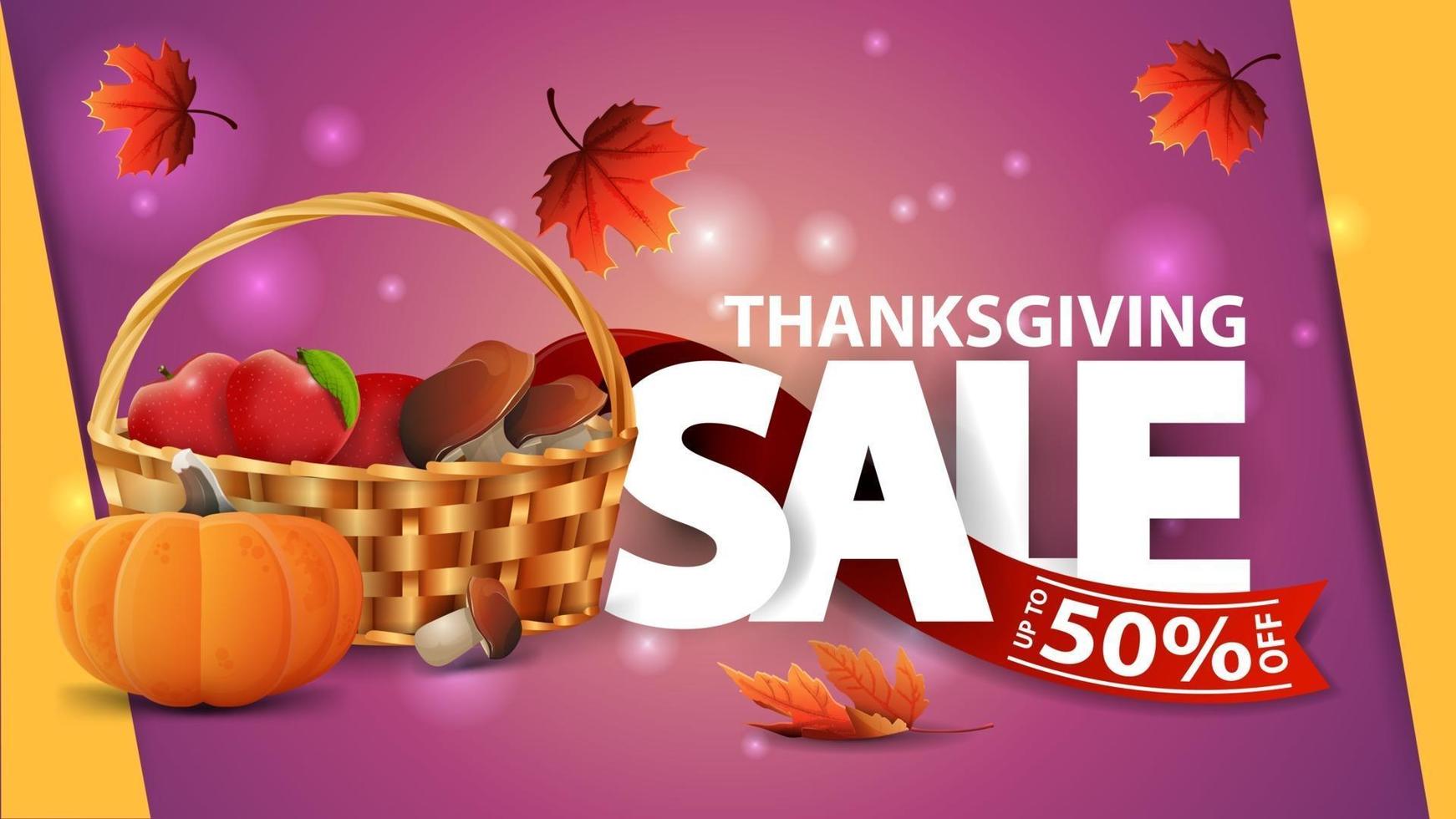 Thanksgiving sale, up to 50 off, pink web banner with large letters, red ribbon, autumn leafs, fruit and vegetable basket vector