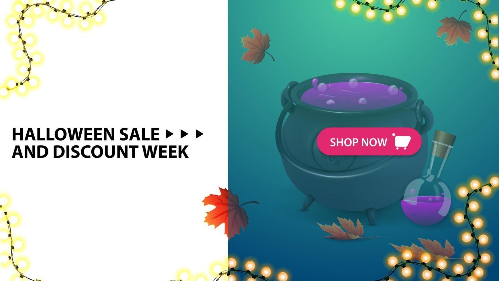 Halloween sale and discount week, modern banner with witch's cauldron. Modern design of discount banner vector