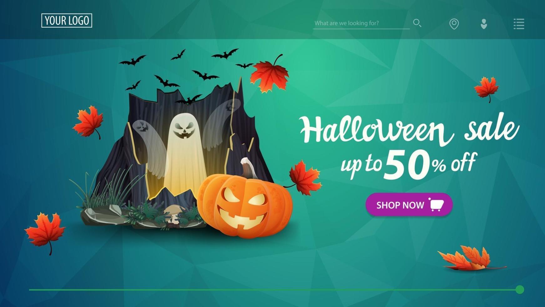 Halloween sale, up to 50 off, green discount banner with polygonal texture, portal with ghosts and pumpkin Jack vector