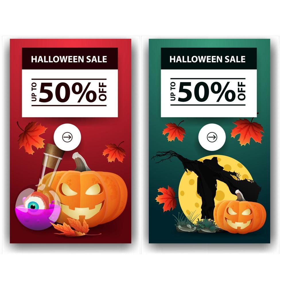 Set Halloween vertical discount banners, up to 50 off. Red and green discount vertical banners for your business vector