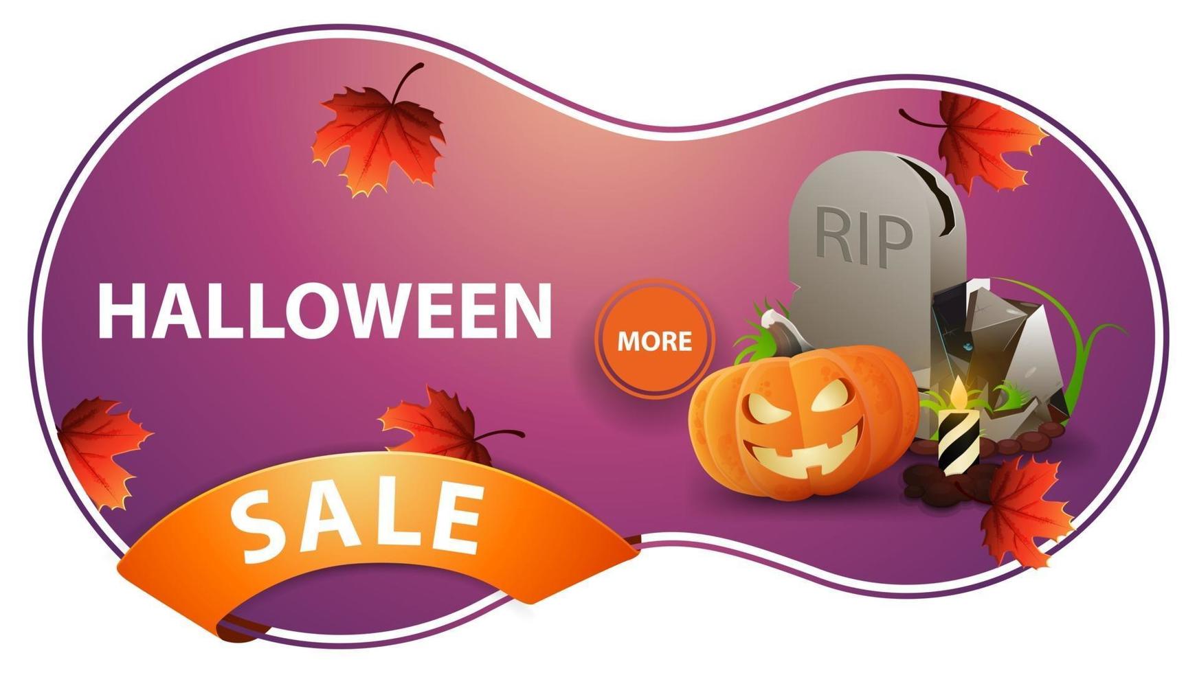 venta de halloween, banner de descuento rosa con lápida y calabaza. Banner de descuento moderno aislado sobre fondo blanco. vector