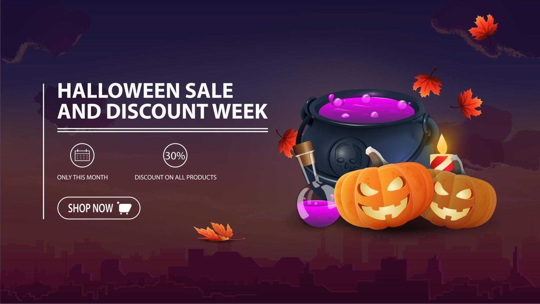 Venta de Halloween y semana de descuento, banner de descuento con ciudad de fondo, caldero de brujas y calabaza. vector