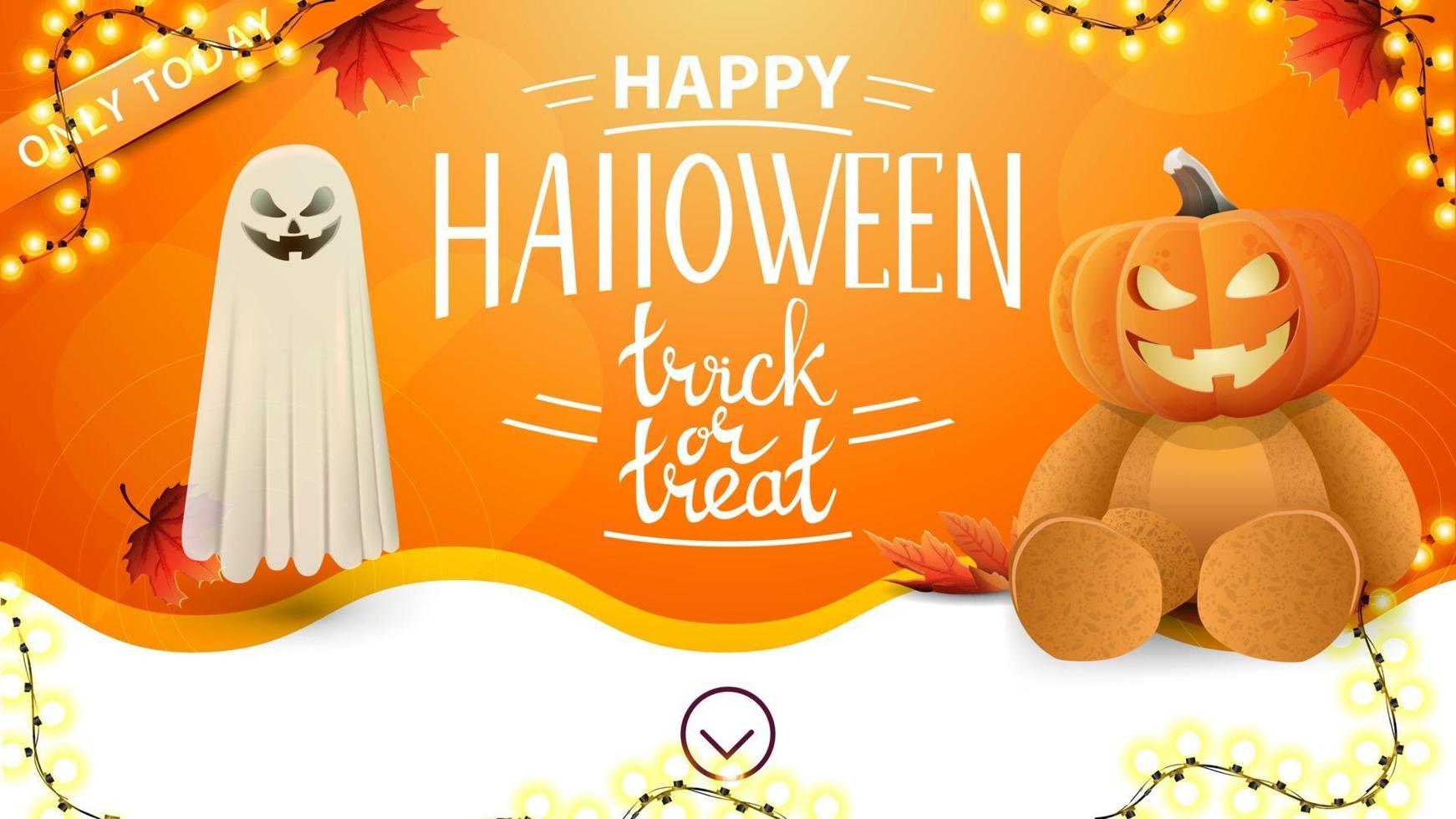 Happy Halloween, trick or treat, orange greeting card with autumn leafs, garland, ghost and Teddy bear with Jack pumpkin head vector