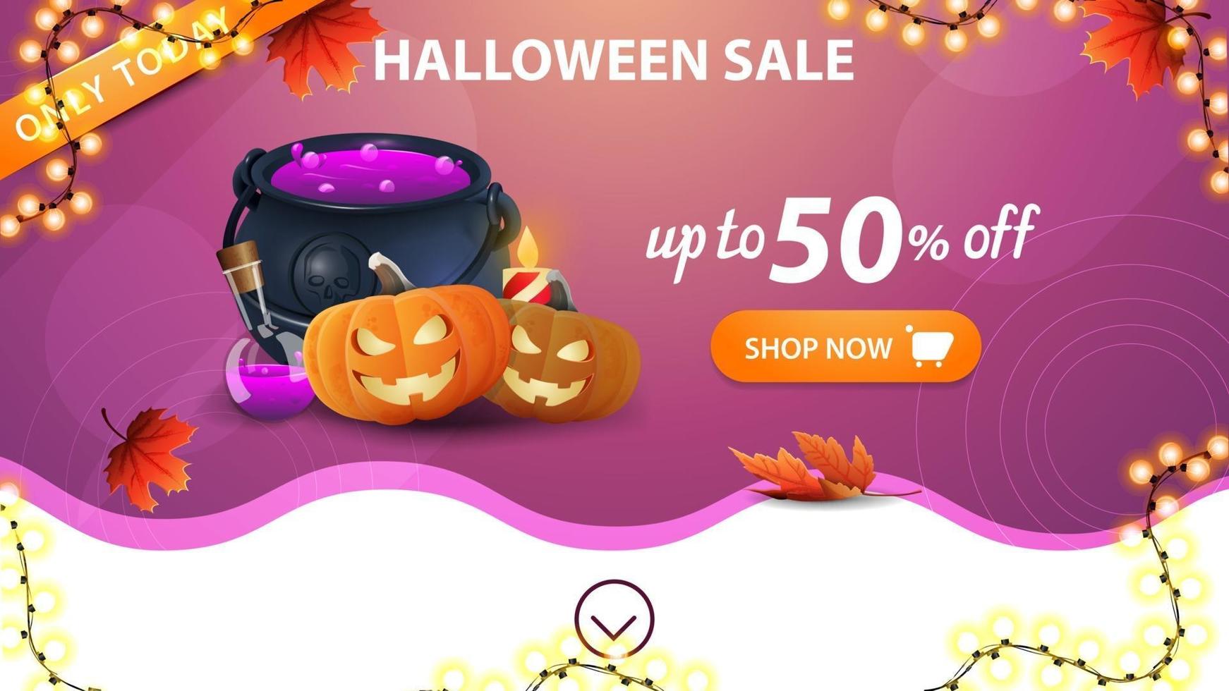 venta de halloween, hasta 50 de descuento. Banner de descuento rosa con hojas de otoño, botón, guirnalda, caldero de brujas y gato de calabaza vector