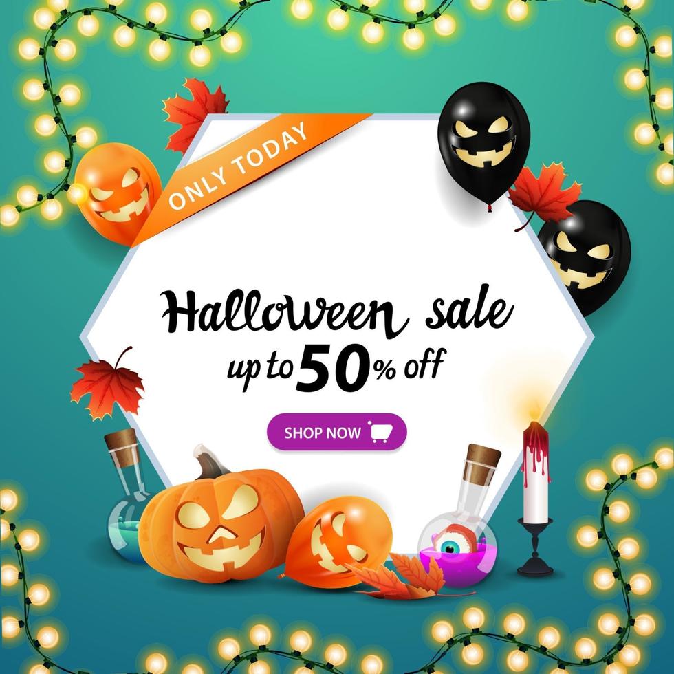 Square green discount banner for Halloween with hexagonal sign with Halloween decor vector