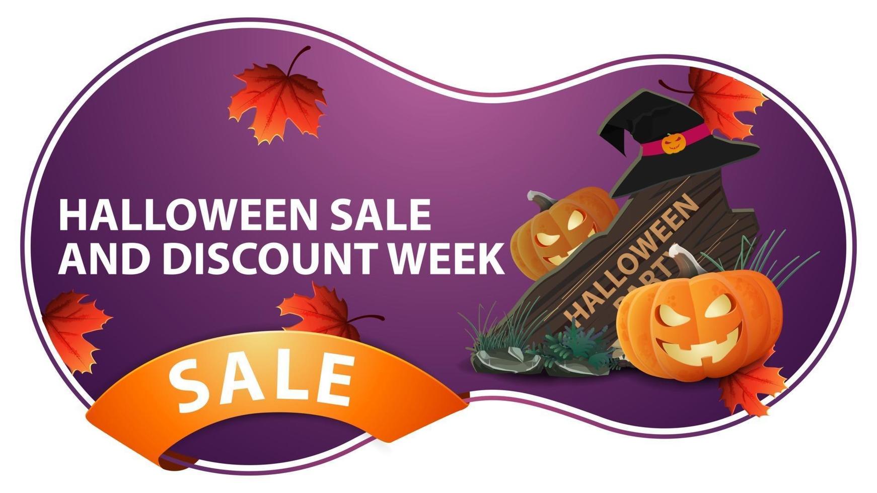 venta de halloween y semana de descuento, banner de descuento morado con letrero de madera, sombrero de bruja y gato de calabaza. Banner de descuento moderno aislado sobre fondo blanco. vector