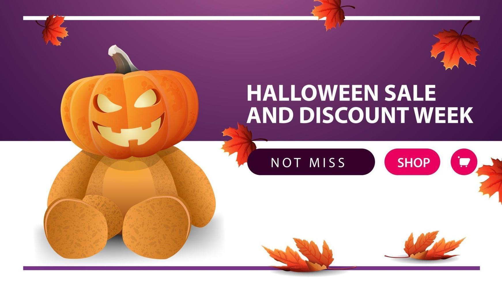 Halloween sale and discount week, modern banner with Teddy bear with Jack pumpkin head. Modern design of discount banner with button vector