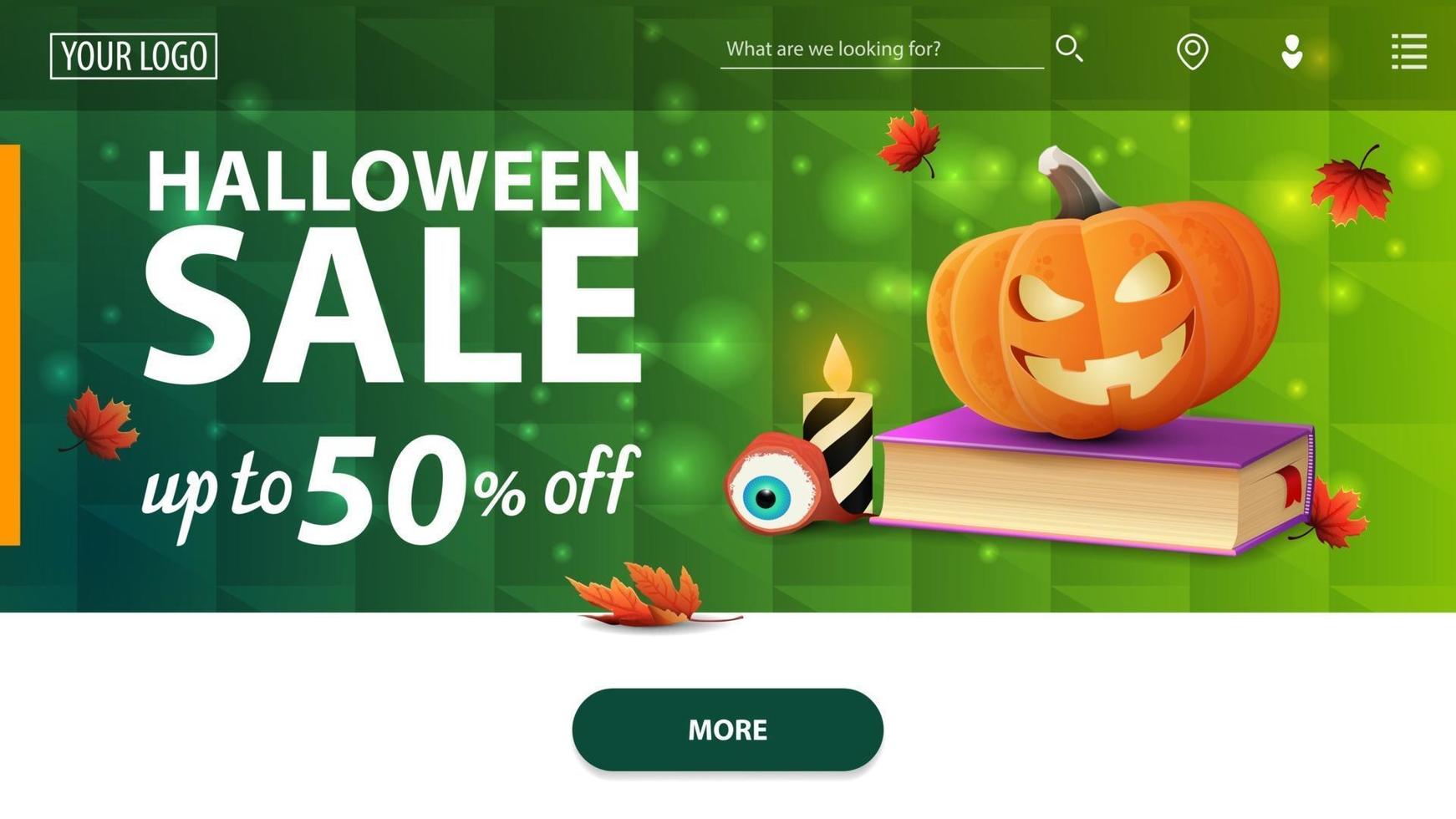 Halloween sale, up to 50 off, horizontal discount banner for homepage website with green polygonal texture, spell book and pumpkin Jack vector