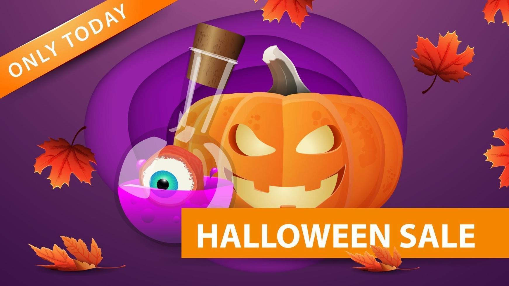 venta de halloween, banner web de descuento púrpura en estilo de corte de papel con calabaza y poción de bruja. diseño moderno de banner de descuento vector