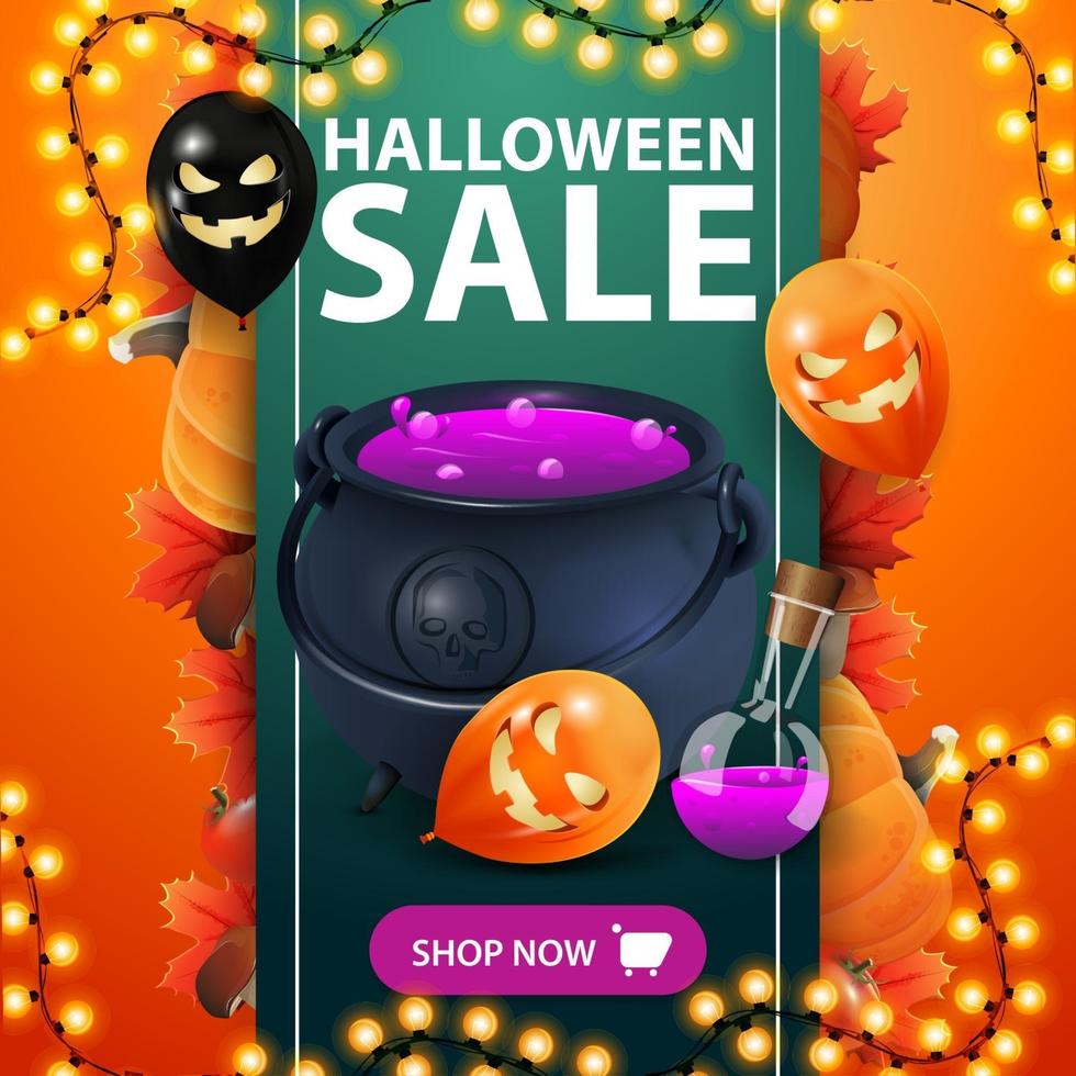 venta de halloween, banner de descuento cuadrado con cinta vertical con decoración de halloween, globos de halloween y caldero de brujas con poción vector