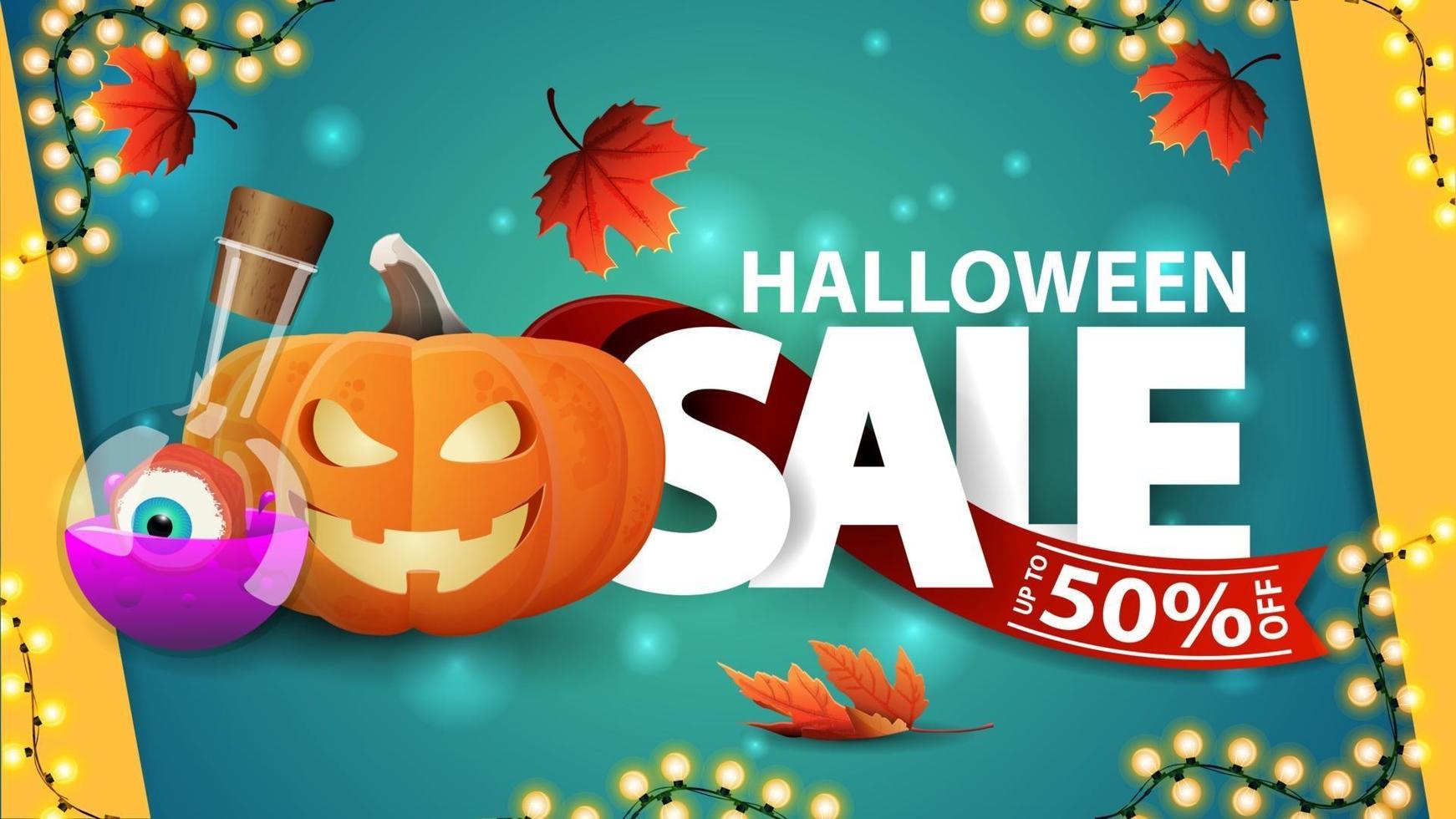 venta de halloween, hasta 50 de descuento. banner de descuento verde con letras grandes con cinta, calabaza y poción de bruja vector