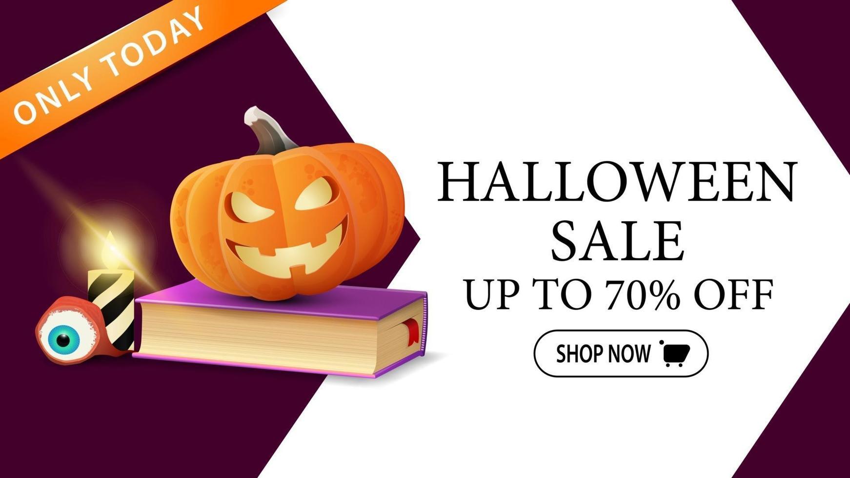 Halloween sale, up to 50 off, modern discount banner for your website with big arrow on background, spell book and pumpkin Jack vector