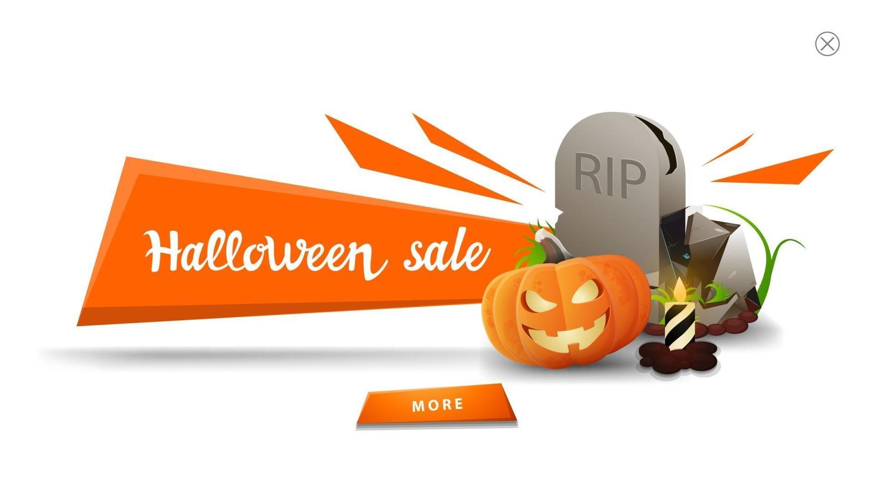 Halloween sale, modern orange discount pop up for your website with tombstone and pumpkin Jack. Pop up for your art isolated on white background vector